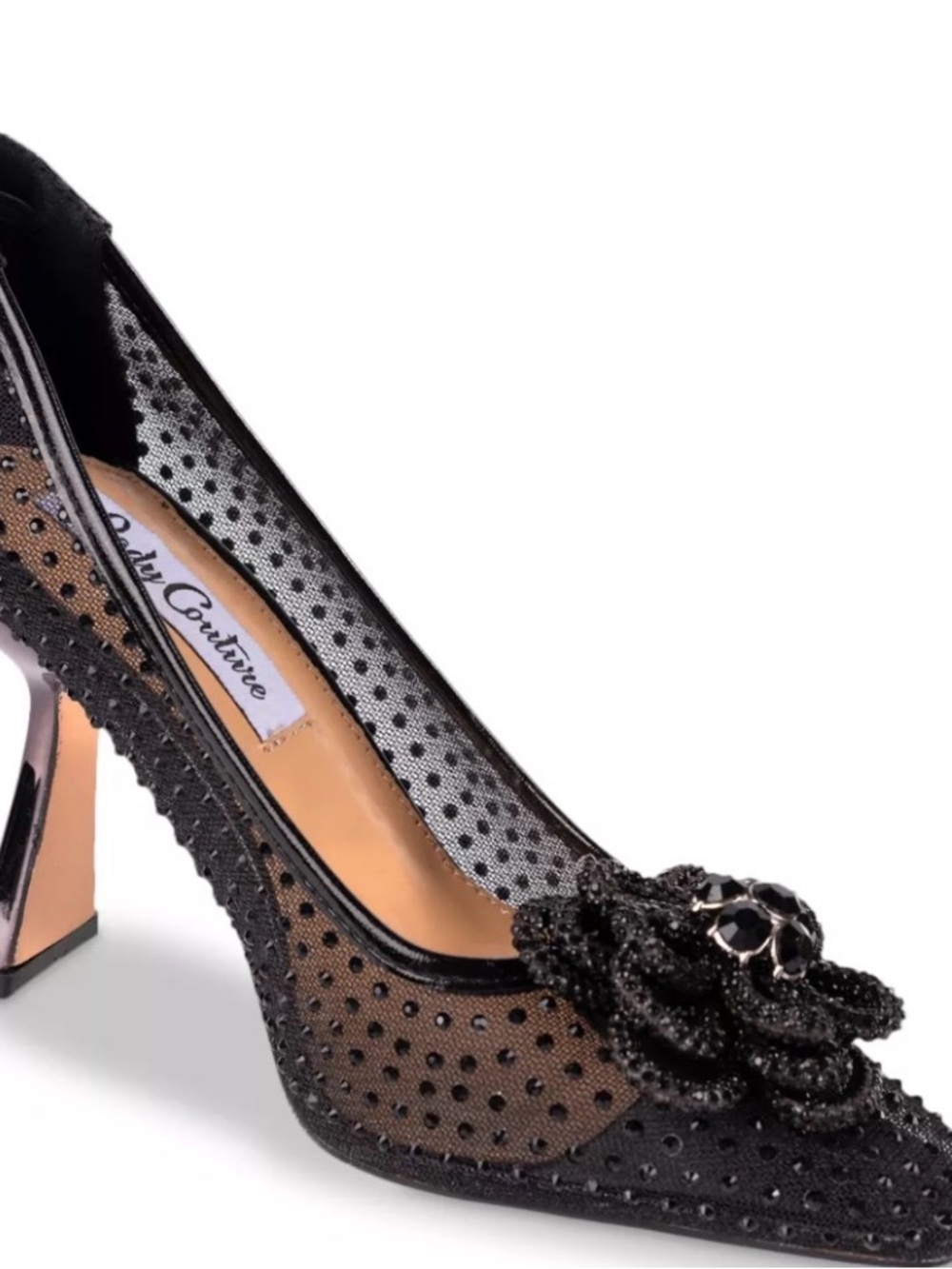 Black Mesh Pointed-Toe Heels with Floral Accent